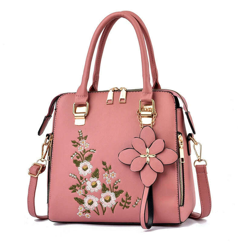 KIMLUD, Floral Detail Shoulder Bag, Trendy Zipper Handbag For Work, Casual Crossbody Bag, Women's Floral Decor Purse, Pink, KIMLUD Women's Clothes