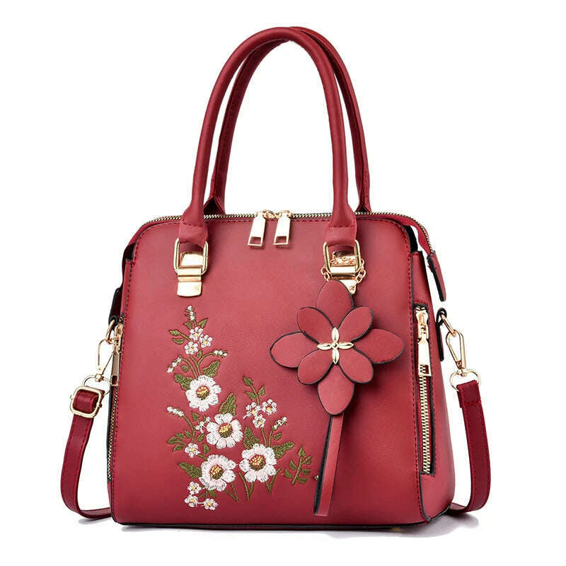 KIMLUD, Floral Detail Shoulder Bag, Trendy Zipper Handbag For Work, Casual Crossbody Bag, Women's Floral Decor Purse, Red, KIMLUD Women's Clothes