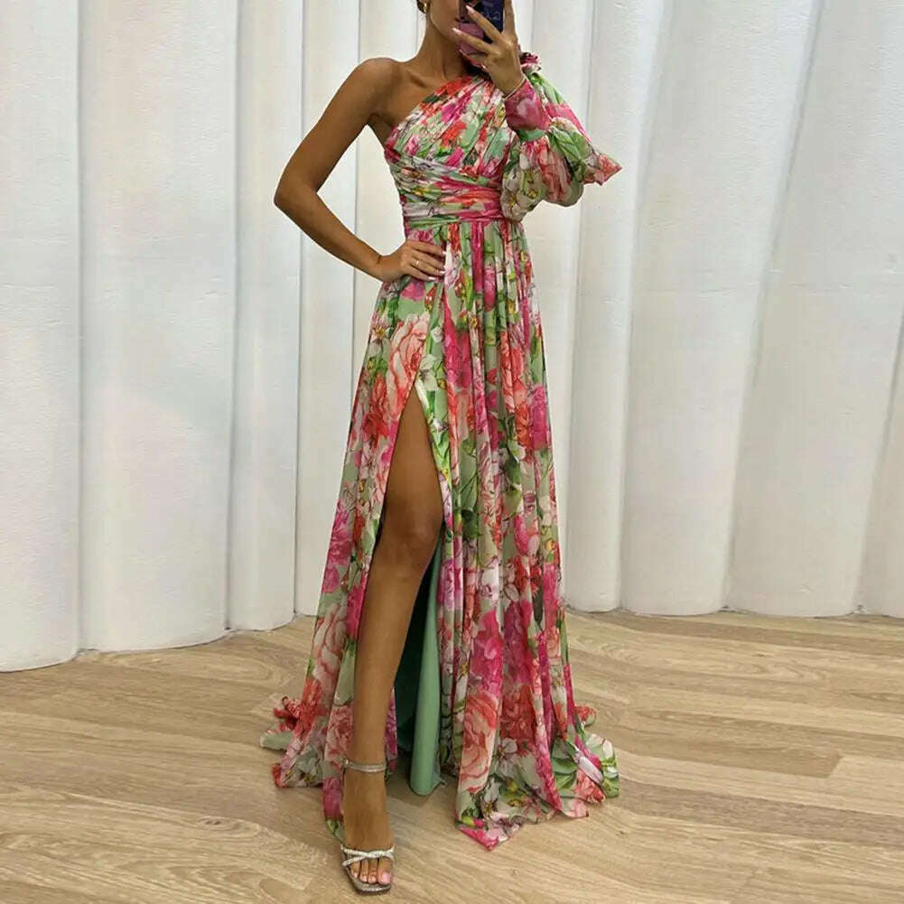 KIMLUD, Floral Print Evening Dress Formal Evening Gown with Slits Elegant One Shoulder Floral Print Maxi Dress for Women for Party, KIMLUD Womens Clothes