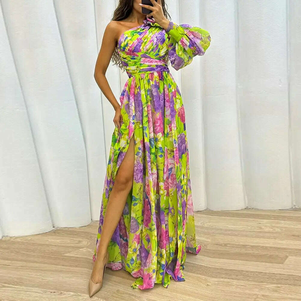 KIMLUD, Floral Print Evening Dress Formal Evening Gown with Slits Elegant One Shoulder Floral Print Maxi Dress for Women for Party, KIMLUD Womens Clothes