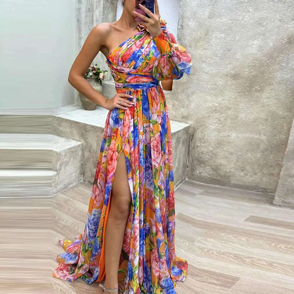 KIMLUD, Floral Print Evening Dress Formal Evening Gown with Slits Elegant One Shoulder Floral Print Maxi Dress for Women for Party, KIMLUD Womens Clothes