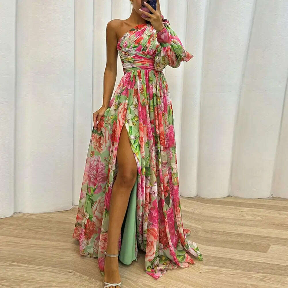 KIMLUD, Floral Print Evening Dress Formal Evening Gown with Slits Elegant One Shoulder Floral Print Maxi Dress for Women for Party, KIMLUD Womens Clothes