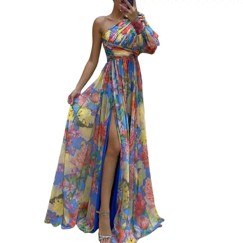 KIMLUD, Floral Print Evening Dress Formal Evening Gown with Slits Elegant One Shoulder Floral Print Maxi Dress for Women for Party, Blue / XL, KIMLUD APPAREL - Womens Clothes