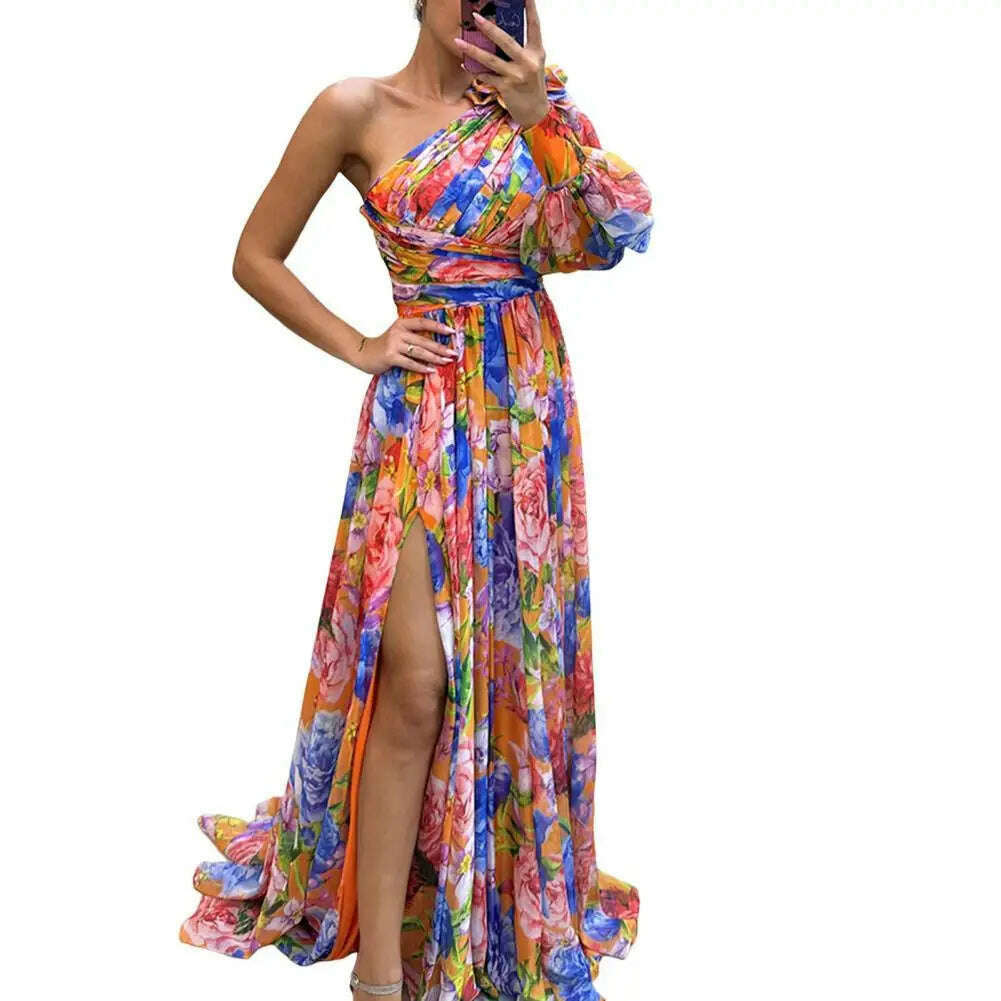 KIMLUD, Floral Print Evening Dress Formal Evening Gown with Slits Elegant One Shoulder Floral Print Maxi Dress for Women for Party, KIMLUD Womens Clothes