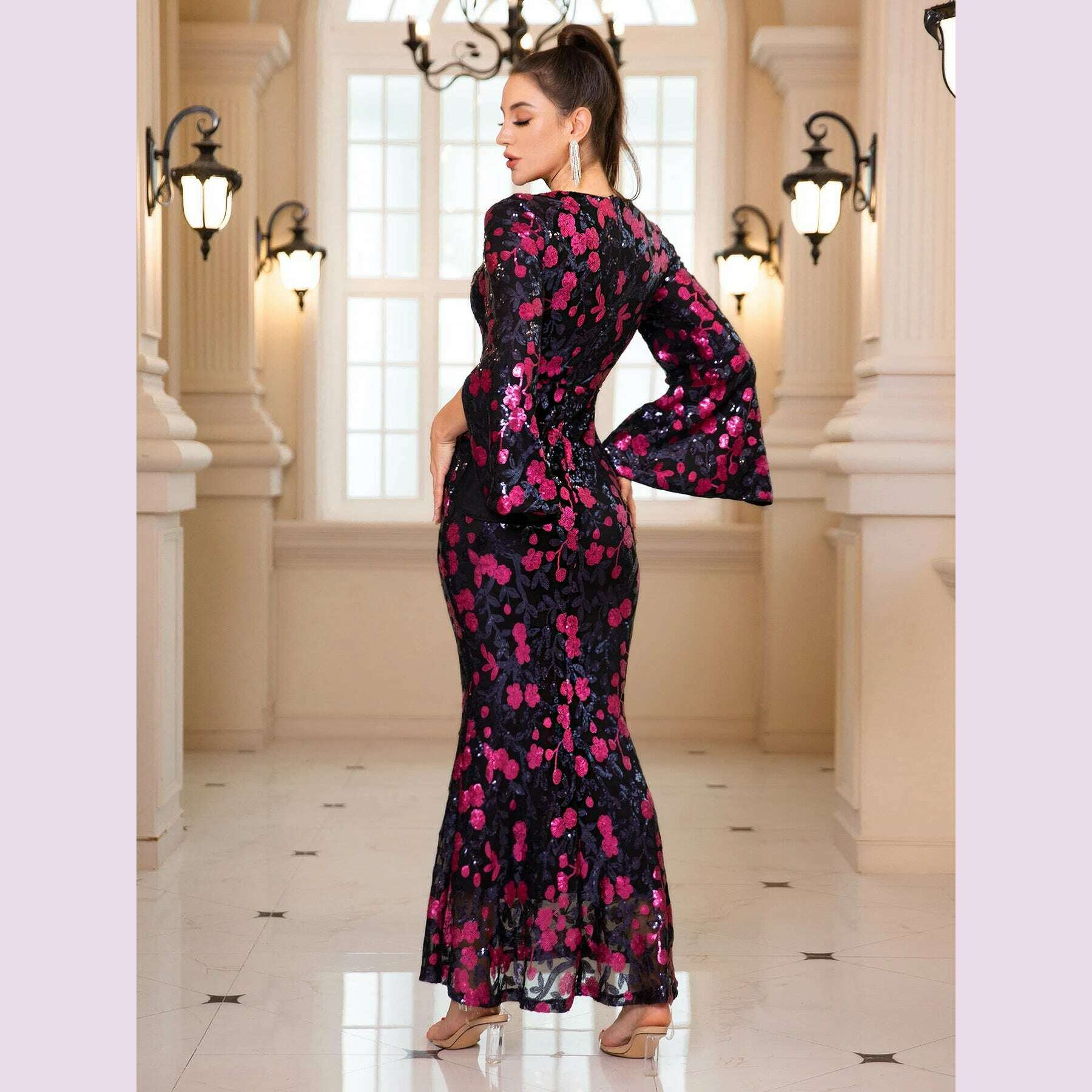 Floral Sequined Long Prom Dresses for Women V Neck Flare Sleeves Evening Party Maxi Gown - KIMLUD