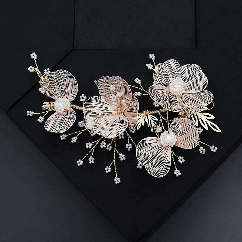 Flower Hairband Bridal Hair Jewelry Pearl Crystal Headband Birthday Party Tiara Wedding Hair Accessories For Women Marrige Crown - KIMLUD