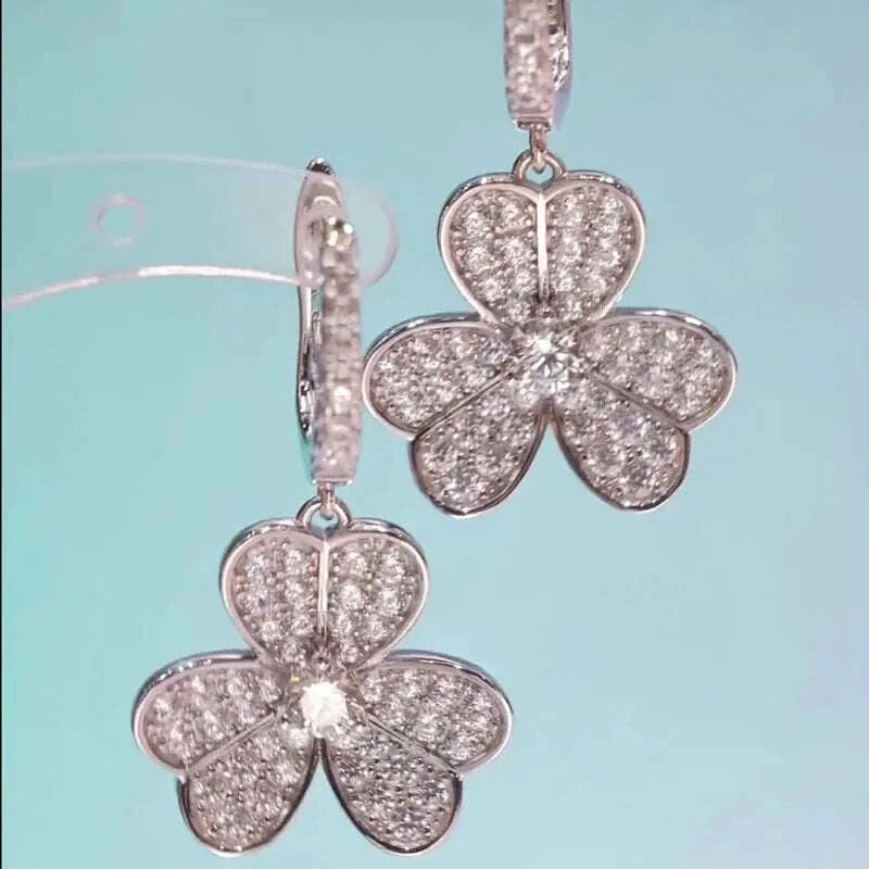 Flower Shape Drop Earrings - Zircon Stone - Sterling Silver | KIMLUD