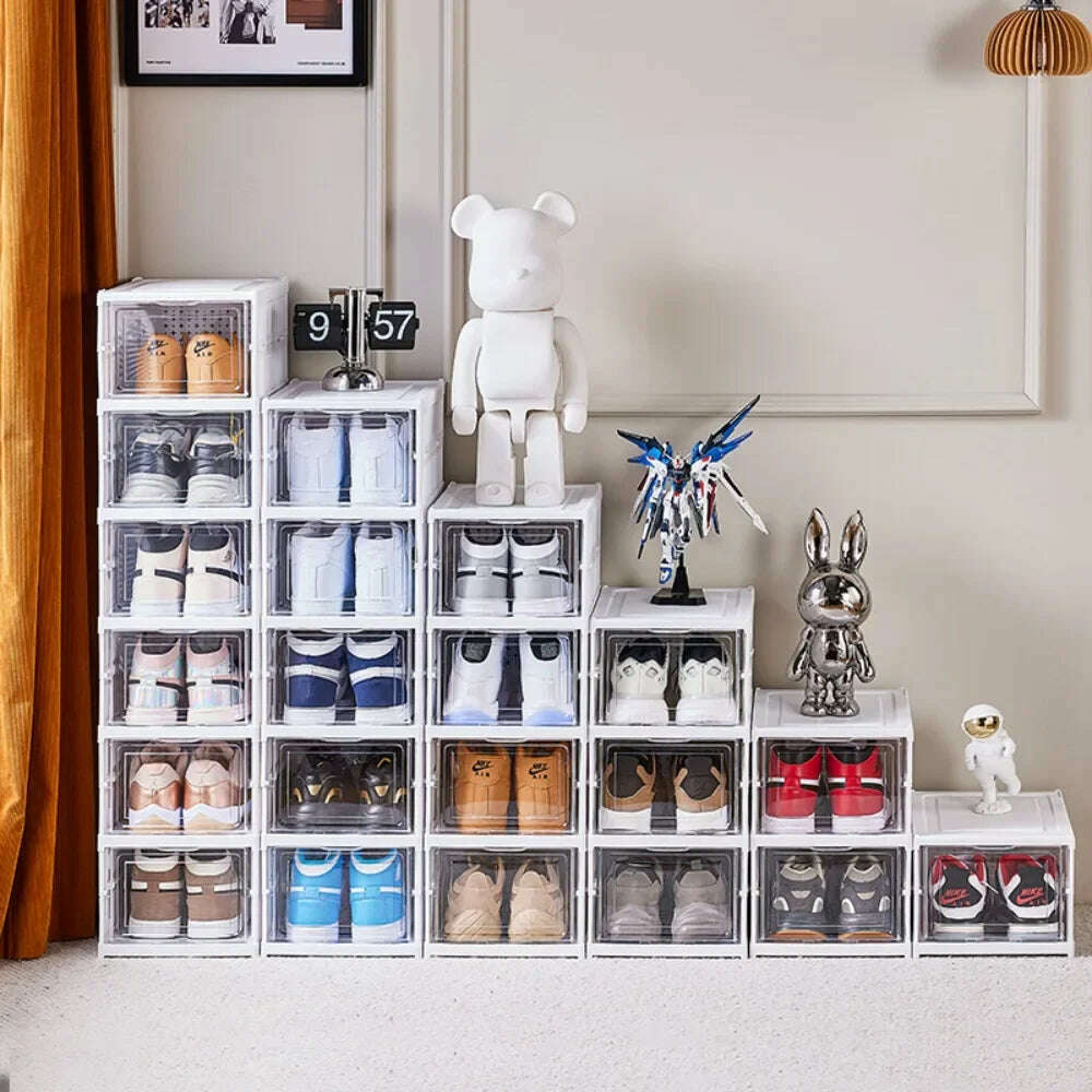 Foldable Shoe Rack Organizer 6 Layers Transparent Tackie Box Collapsible Home Sneaker Storage Stackable Shoes Cabinet For Closet - KIMLUD