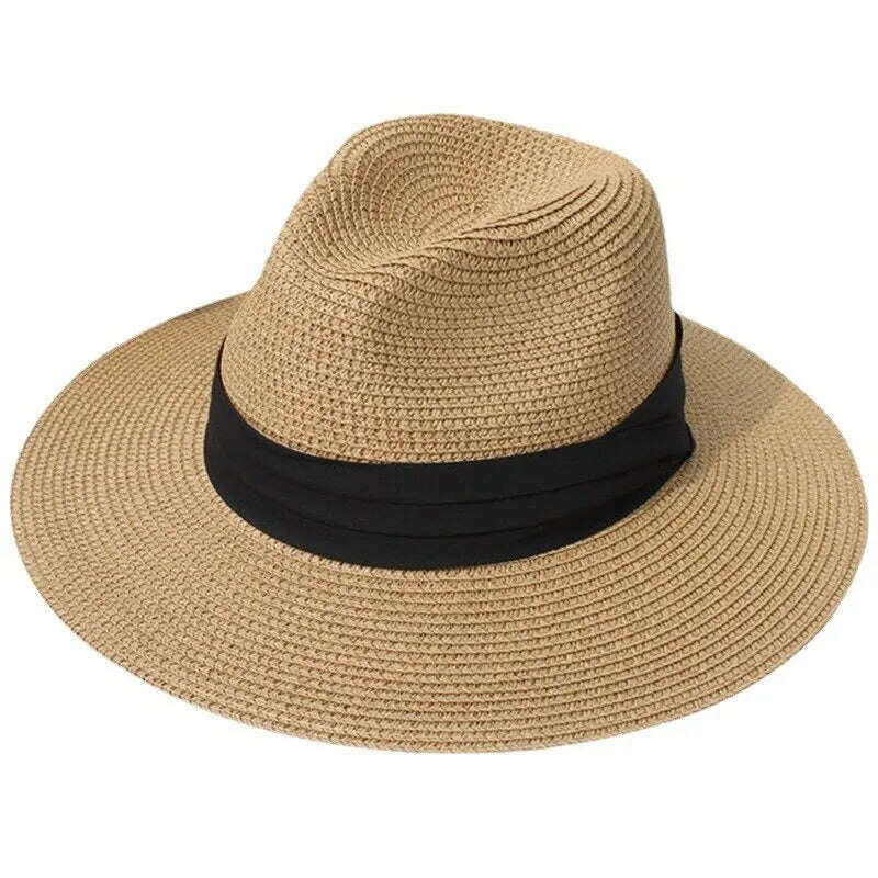 KIMLUD, Foldable Straw Sun Hat Wide Brim Summer Floppy Beach Hat Sun Protection Panama Hat for Men Women Packable Foldable Travel, Khaki, KIMLUD Womens Clothes