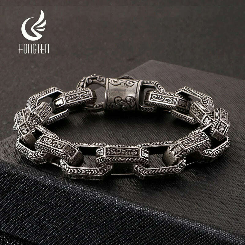 KIMLUD, Fongten Vintage Square Bead Bracelet For Men Black Stainless Steel Viking Punk Charms Heavy Bracelets Fashion Jewelry Wholesale, KIMLUD Womens Clothes