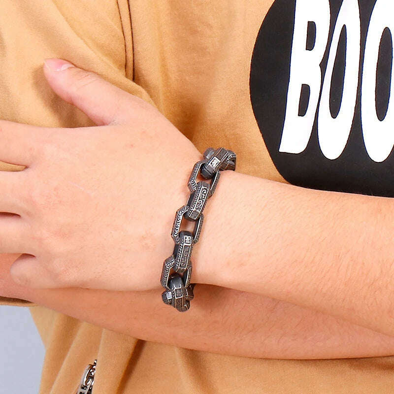 KIMLUD, Fongten Vintage Square Bead Bracelet For Men Black Stainless Steel Viking Punk Charms Heavy Bracelets Fashion Jewelry Wholesale, KIMLUD Womens Clothes