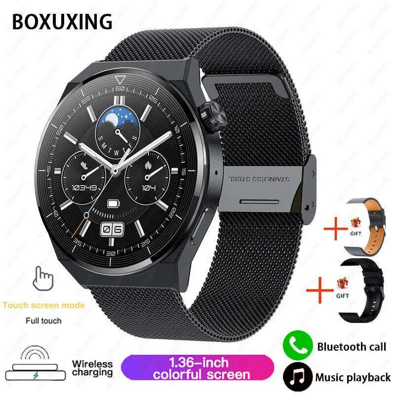 KIMLUD, For Huawei GT3 Pro NFC Smart Watch Men AMOLED 390*390 HD Screen Heart Rate Bluetooth Call IP68 Waterproof SmartWatch 2023 New, Black mesh belt, KIMLUD APPAREL - Womens Clothes