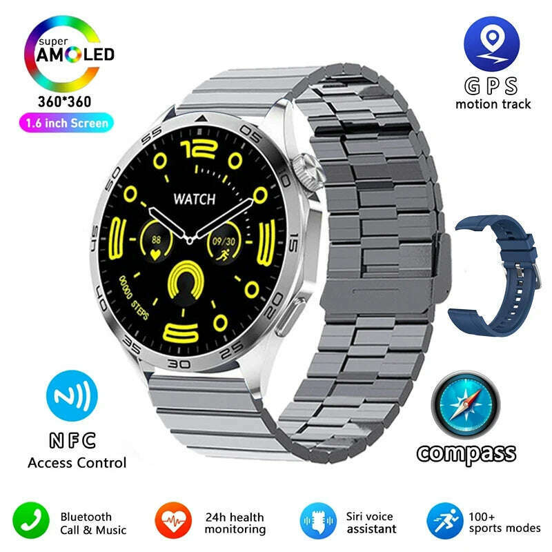 KIMLUD, For HUAWEI WATCH GT4 Pro Max Smart Watch Men Heart Rate NFC 466*466 AMOLED HD Screen Always Display Bluetooth Call SmartWatch, Silver steel Belt B, KIMLUD APPAREL - Womens Clothes
