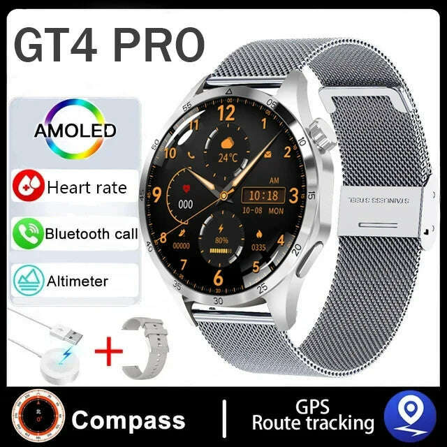 KIMLUD, For Huawei Xiaomi GT4 ProSmart Watch Men NFC GPS Tracker 1.6" HD Screen Heart Rate IP68 Waterproof BT Call SmartWatch 2024 New, silver mesh / GPS smart watch, KIMLUD APPAREL - Womens Clothes