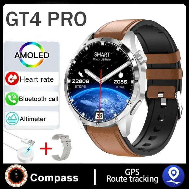 KIMLUD, For Huawei Xiaomi GT4 ProSmart Watch Men NFC GPS Tracker 1.6" HD Screen Heart Rate IP68 Waterproof BT Call SmartWatch 2024 New, brown leather / GPS smart watch, KIMLUD APPAREL - Womens Clothes