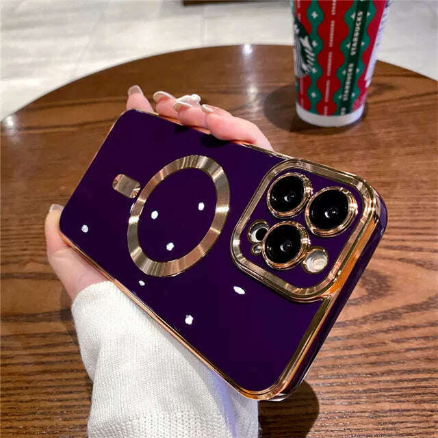 KIMLUD, For iPhone 14 Pro Max Luxury Magsafe Magnetic Square Plating Frame Phone Case For iPhone 11 12 13 14 Plus Lens Protective Cover, For iPhone 14 Plus / Deep Purple Case / China, KIMLUD Womens Clothes