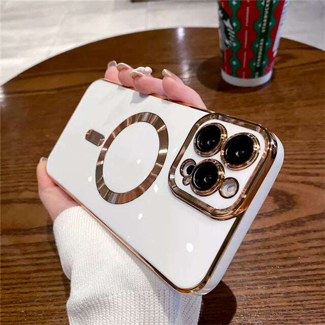 KIMLUD, For iPhone 14 Pro Max Luxury Magsafe Magnetic Square Plating Frame Phone Case For iPhone 11 12 13 14 Plus Lens Protective Cover, For iPhone 14 Plus / White Magnetic Case / China, KIMLUD Womens Clothes