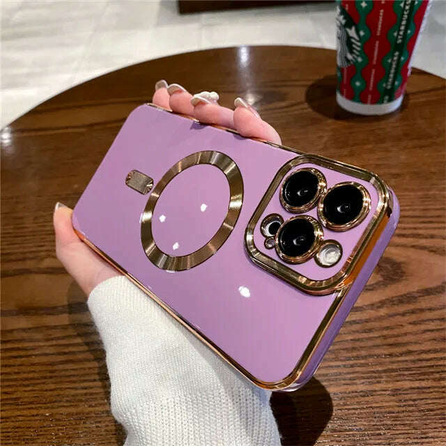 KIMLUD, For iPhone 14 Pro Max Luxury Magsafe Magnetic Square Plating Frame Phone Case For iPhone 11 12 13 14 Plus Lens Protective Cover, For iPhone 14 Plus / Light Purple Case / China, KIMLUD Womens Clothes