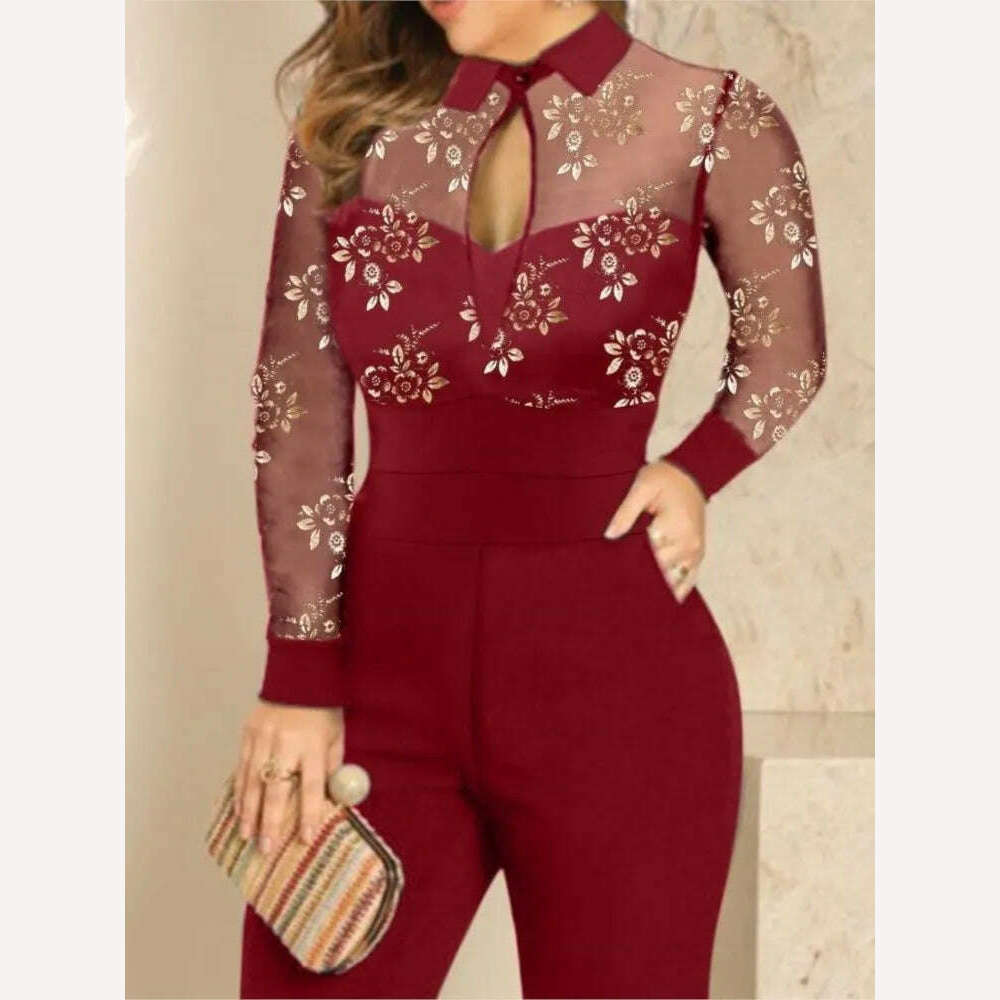 KIMLUD, For Women's Spring Autumn New Long Sleeve Lace Printed Jumpsuit Pants Fashion Slim Waist Elegant Female Lace Jumpsuit Long Pants, Claret / S, KIMLUD Womens Clothes