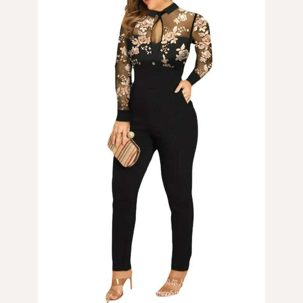 KIMLUD, For Women's Spring Autumn New Long Sleeve Lace Printed Jumpsuit Pants Fashion Slim Waist Elegant Female Lace Jumpsuit Long Pants, KIMLUD Womens Clothes