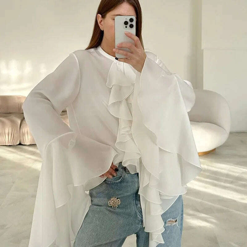 KIMLUD, Forefair Ruffled Patchwork Cardigan T-shirts Women Elegant Fashion High Street Loose Pullover Tees Female Autumn Winter Shirts, WHITE / S, KIMLUD APPAREL - Womens Clothes