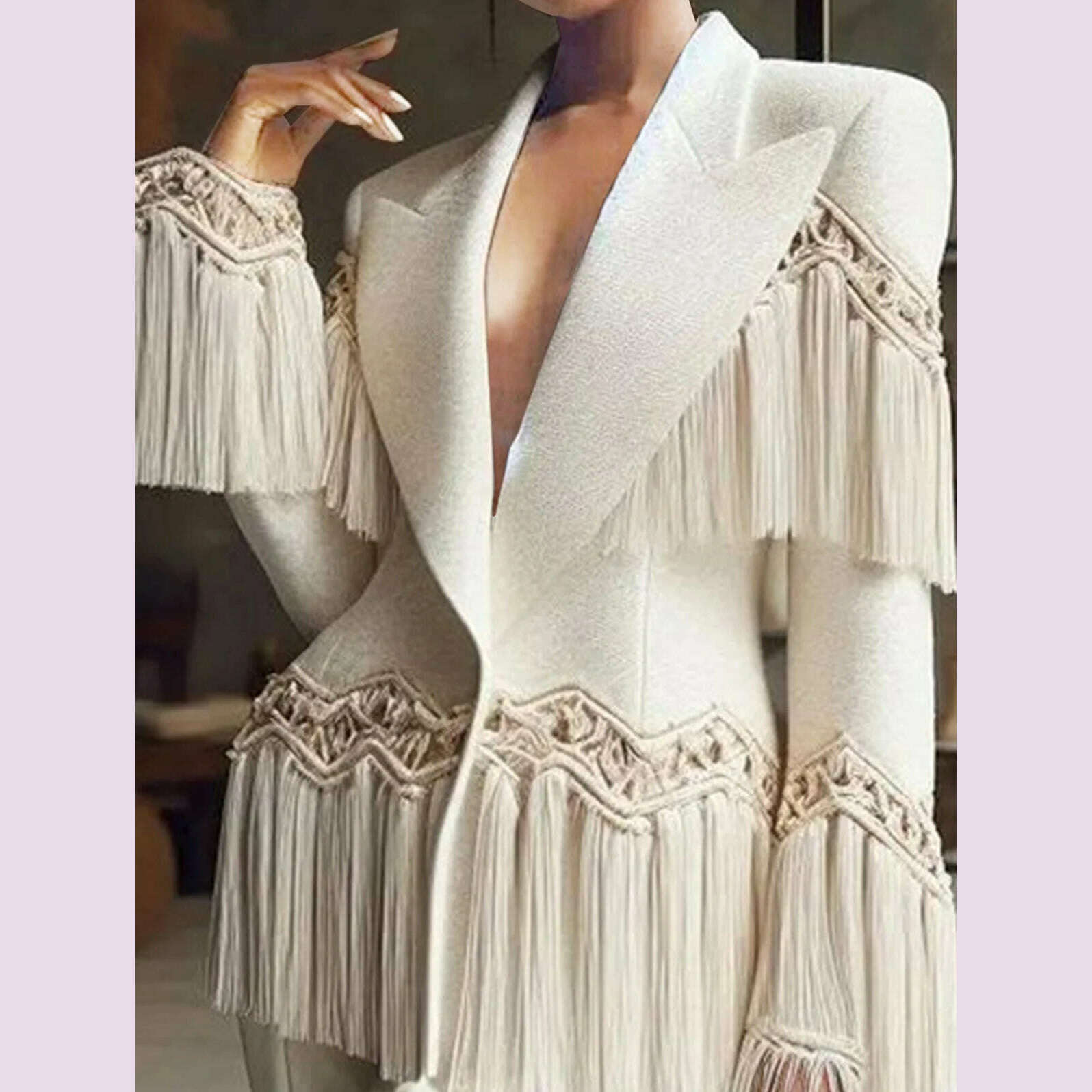 KIMLUD, Formal Solid Blazer for Women Peaked Lapel Long Sleeve Fringed Blazer Slim Outerwear Autumn Winter Office Lady Casual Coat, KIMLUD Womens Clothes