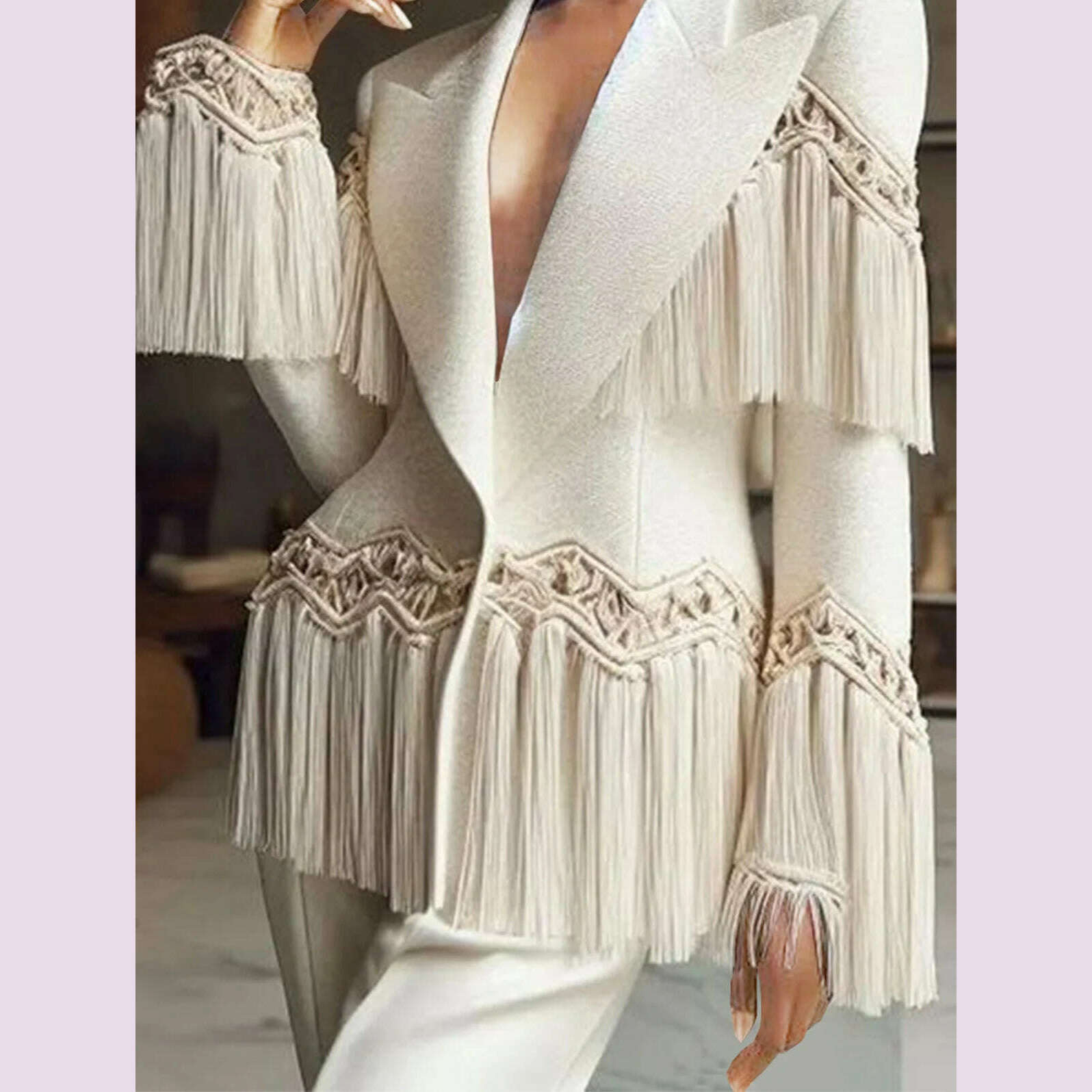 KIMLUD, Formal Solid Blazer for Women Peaked Lapel Long Sleeve Fringed Blazer Slim Outerwear Autumn Winter Office Lady Casual Coat, KIMLUD Womens Clothes