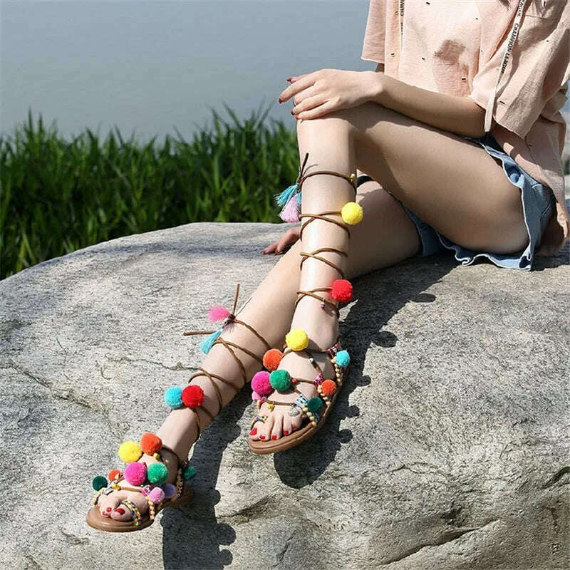 KIMLUD, Fornihapfirafs Lovely Mixed Color Pompom Bohemia Sandals Braided Strappy Thong Flats Gladiator Women Sandals Beach Shoes Woman, KIMLUD Womens Clothes