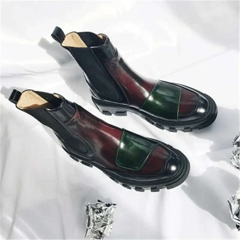 Fornihapfirafs New Mixed Color Patckwork Leather Woman Short Boots Platform Stacked Heels Slip-On Women Ankle Boots Shoes Woman - KIMLUD