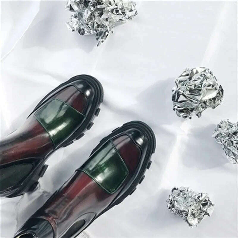 Fornihapfirafs New Mixed Color Patckwork Leather Woman Short Boots Platform Stacked Heels Slip-On Women Ankle Boots Shoes Woman - KIMLUD