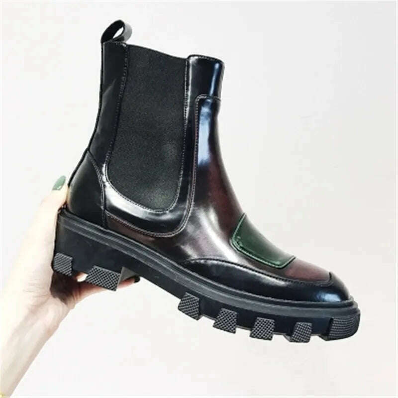 Fornihapfirafs New Mixed Color Patckwork Leather Woman Short Boots Platform Stacked Heels Slip-On Women Ankle Boots Shoes Woman - KIMLUD
