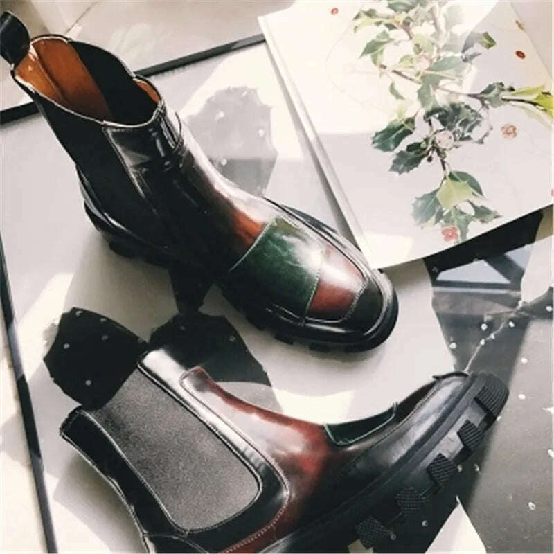 Fornihapfirafs New Mixed Color Patckwork Leather Woman Short Boots Platform Stacked Heels Slip-On Women Ankle Boots Shoes Woman - KIMLUD