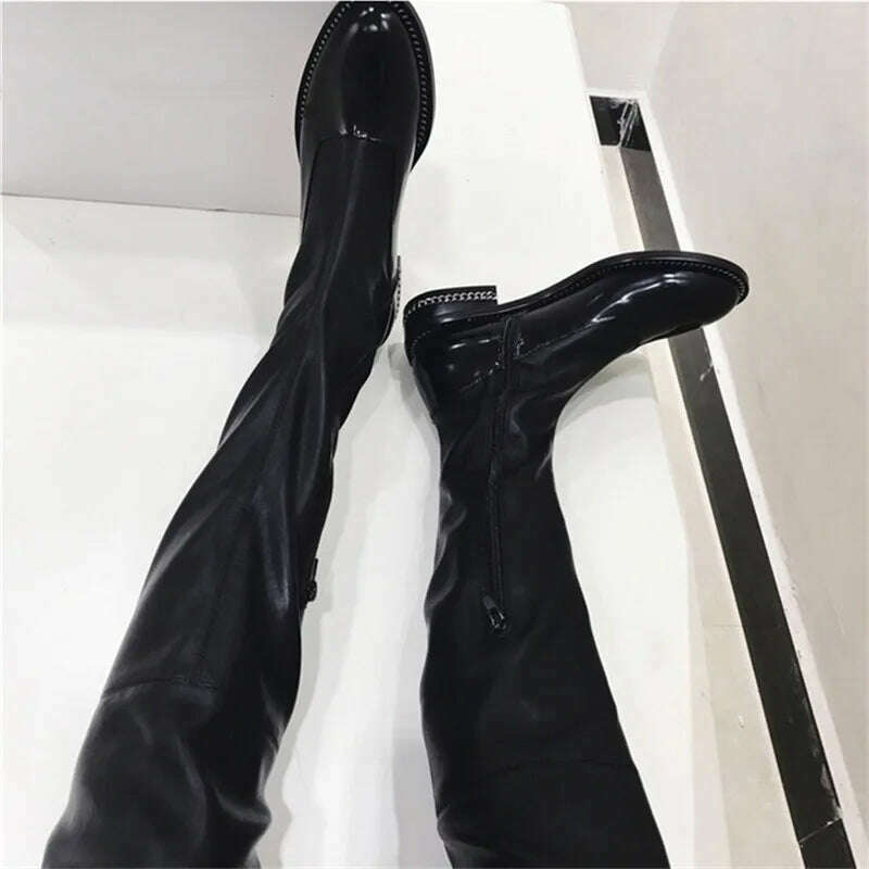 KIMLUD, Fornihapfirafs New Sexy Women Stretchy Long Boots Chain Side Zip Stacked Heels Thigh High Boots Black Over-the-Knee High Boots, KIMLUD Womens Clothes