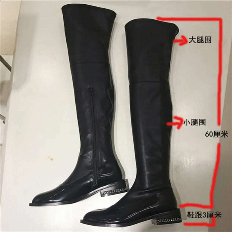 KIMLUD, Fornihapfirafs New Sexy Women Stretchy Long Boots Chain Side Zip Stacked Heels Thigh High Boots Black Over-the-Knee High Boots, KIMLUD Women's Clothes