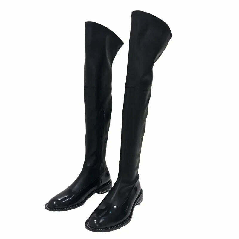KIMLUD, Fornihapfirafs New Sexy Women Stretchy Long Boots Chain Side Zip Stacked Heels Thigh High Boots Black Over-the-Knee High Boots, KIMLUD Women's Clothes