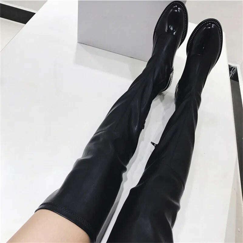 KIMLUD, Fornihapfirafs New Sexy Women Stretchy Long Boots Chain Side Zip Stacked Heels Thigh High Boots Black Over-the-Knee High Boots, KIMLUD Womens Clothes