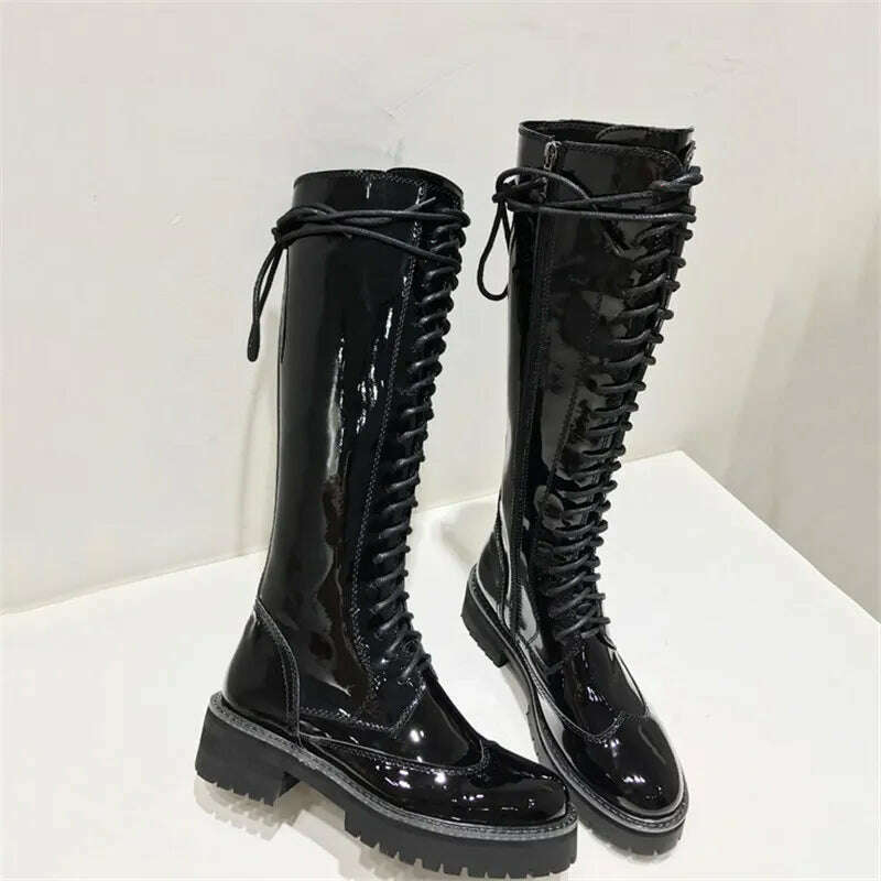 Fornihapfirafs Sexy Women Knee High Boots Black Leather Front Lace Up Side Zipper Platform Stacked Heels Woman Long Boots Shoes - KIMLUD