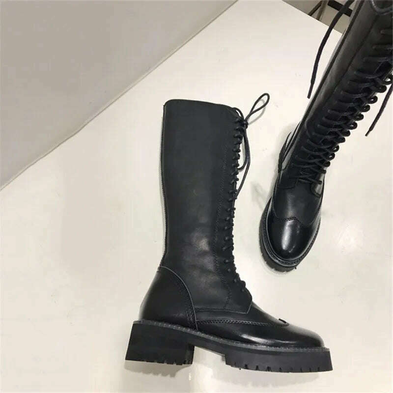 KIMLUD, Fornihapfirafs Sexy Women Knee High Boots Black Leather Front Lace Up Side Zipper Platform Stacked Heels Woman Long Boots Shoes, KIMLUD Women's Clothes