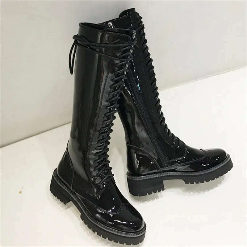 KIMLUD, Fornihapfirafs Sexy Women Knee High Boots Black Leather Front Lace Up Side Zipper Platform Stacked Heels Woman Long Boots Shoes, as pic / 4, KIMLUD Womens Clothes