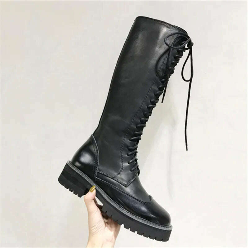 KIMLUD, Fornihapfirafs Sexy Women Knee High Boots Black Leather Front Lace Up Side Zipper Platform Stacked Heels Woman Long Boots Shoes, as pic 1 / 4, KIMLUD Women's Clothes