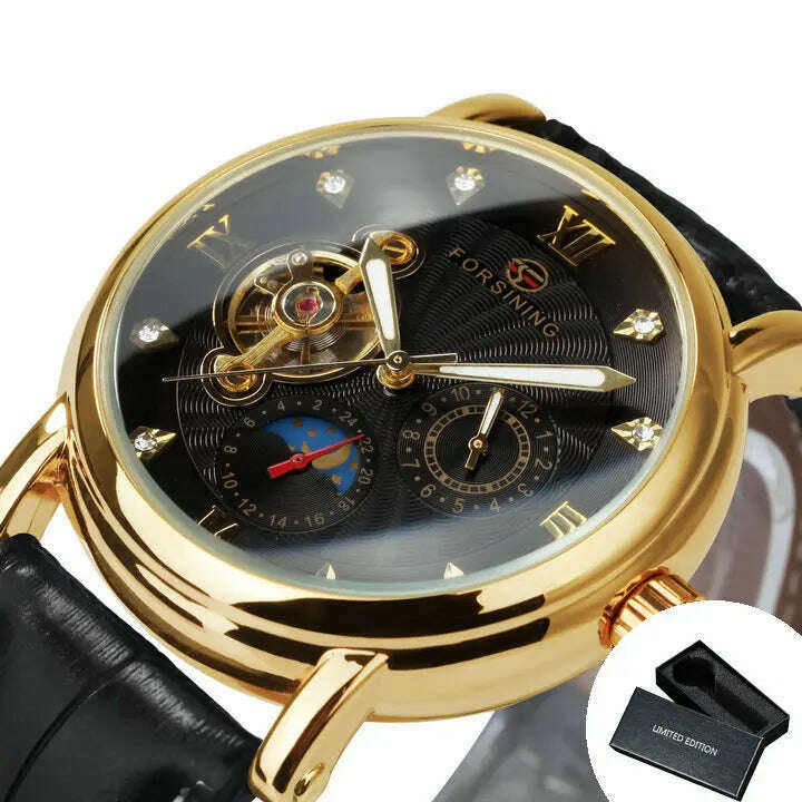 KIMLUD, Forsining Tourbillion Retro Men Watch Fashion Diamond Automatic Mechanical Wristwatches Moon Phase Sub-Dial Luxury Leather Strap, BOX GOLD BLACK / CHINA, KIMLUD APPAREL - Womens Clothes