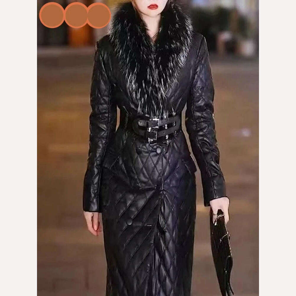 Fotvotee Winter Clothes Women Long Coat Double Breasted Fur Collar Slim Outerwear Black Vintage Streetwear Jacket Elegant Coats - KIMLUD