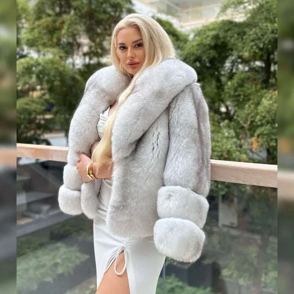 KIMLUD, Fox Fur Coat for Women, 100% True Fox Fur Coat, Flip Collar, Warm Clothing, Winter Fashion, New, 2024, WHITE / XXS, KIMLUD APPAREL - Womens Clothes