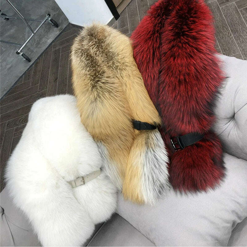 Fox Fur Scarf Luxury Genuine Big Fur Collar Whole Skin Solid Scarves With leather strap Women's Neck Warm Natural Fox Fur Shawl - KIMLUD