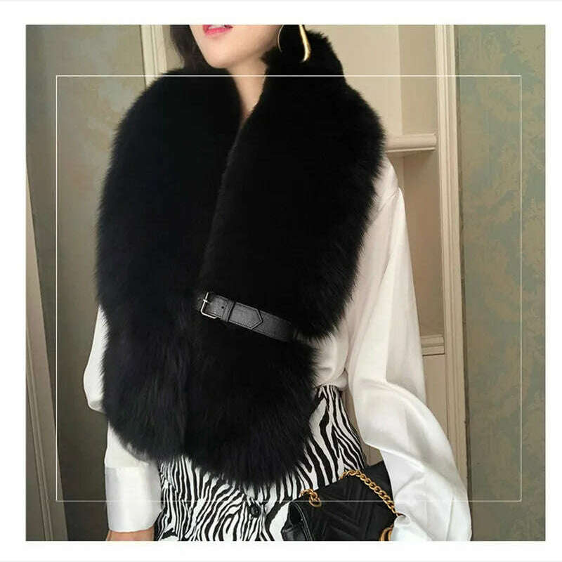 KIMLUD, Fox Fur Scarf Luxury Genuine Big Fur Collar Whole Skin Solid Scarves With leather strap Women's Neck Warm Natural Fox Fur Shawl, KIMLUD Womens Clothes