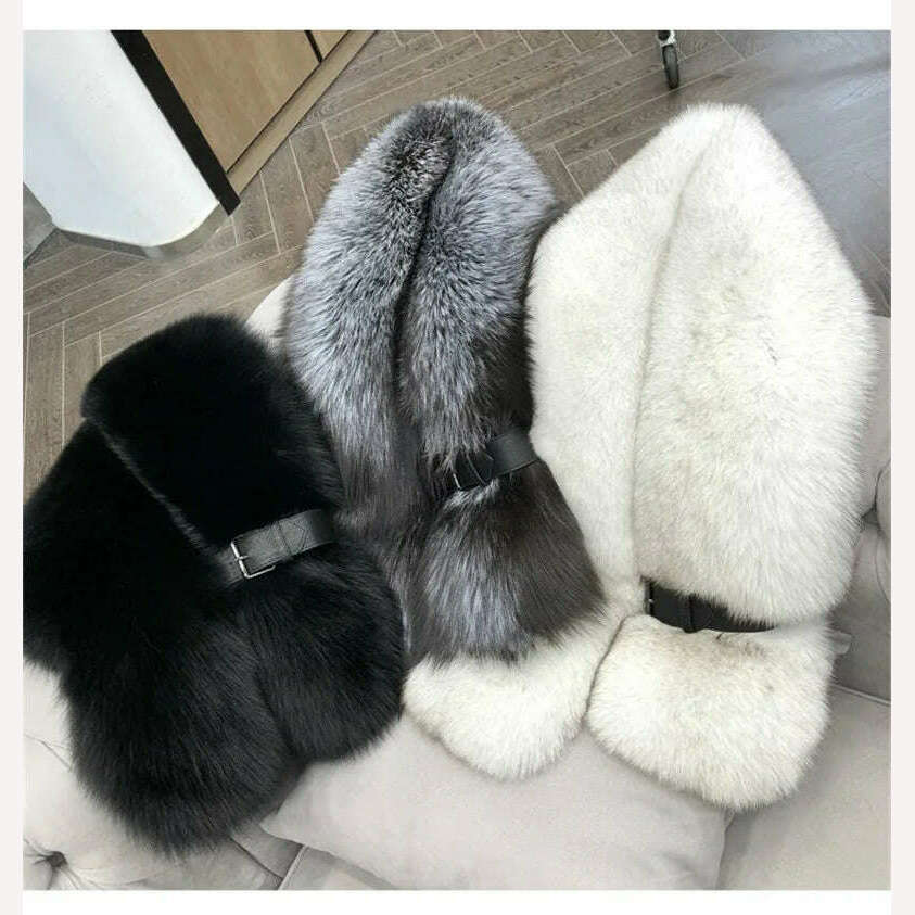 Fox Fur Scarf Luxury Genuine Big Fur Collar Whole Skin Solid Scarves With leather strap Women's Neck Warm Natural Fox Fur Shawl - KIMLUD
