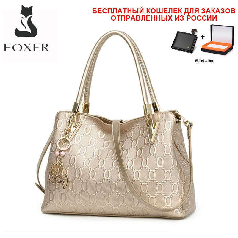 KIMLUD, FOXER Occident Style Gold Tote Women&#39;s Split Leather Large Capacity Handbag Fashion Ladies Commute Luxury Shoulder Crossbody Bag, KIMLUD Women's Clothes