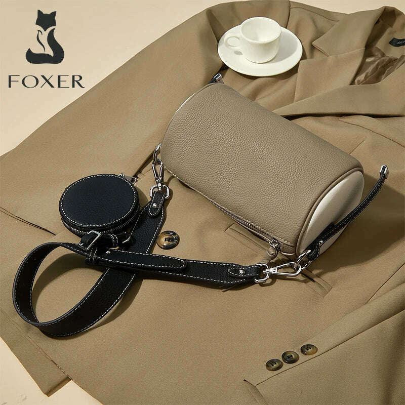FOXER Women's Cowhide Leather 2 in 1 Shoulder Bag Vintage Soft Messenger Bag With 2 Straps Crossbody Underarm Bags Gift For Lady - KIMLUD