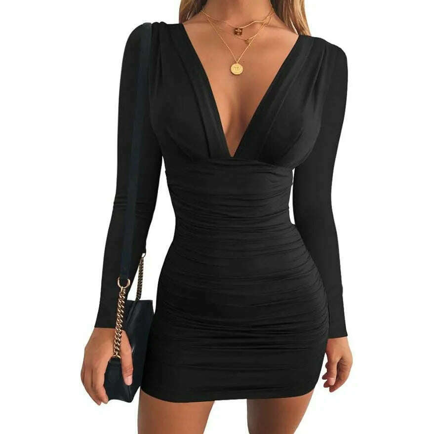 KIMLUD, Free Ship Women's Sexy Long Sleeve V Neck Ruched Bodycon Mini Party Cocktail Dress, black / L / CHINA, KIMLUD Women's Clothes