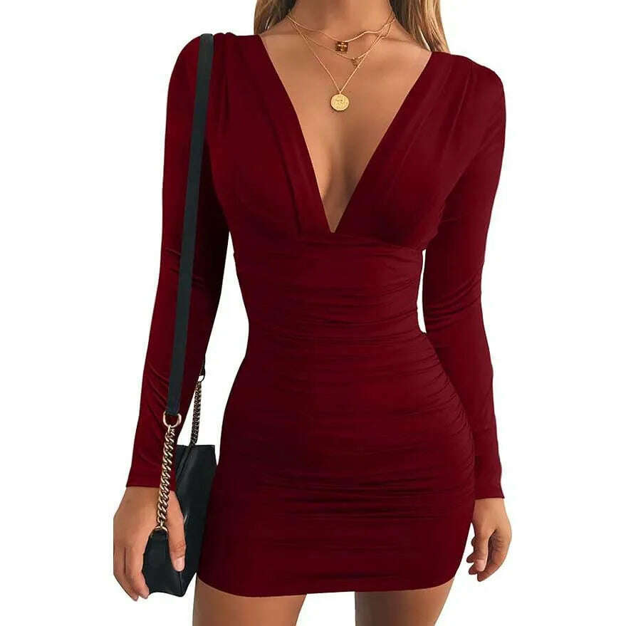 KIMLUD, Free Ship Women's Sexy Long Sleeve V Neck Ruched Bodycon Mini Party Cocktail Dress, Claret / XL / CHINA, KIMLUD Women's Clothes